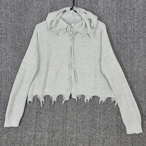 Full Circle Trends Hooded Sweater Womens L Gray Distressed Crop Hoodie Cardigan - Picture 1 of 14